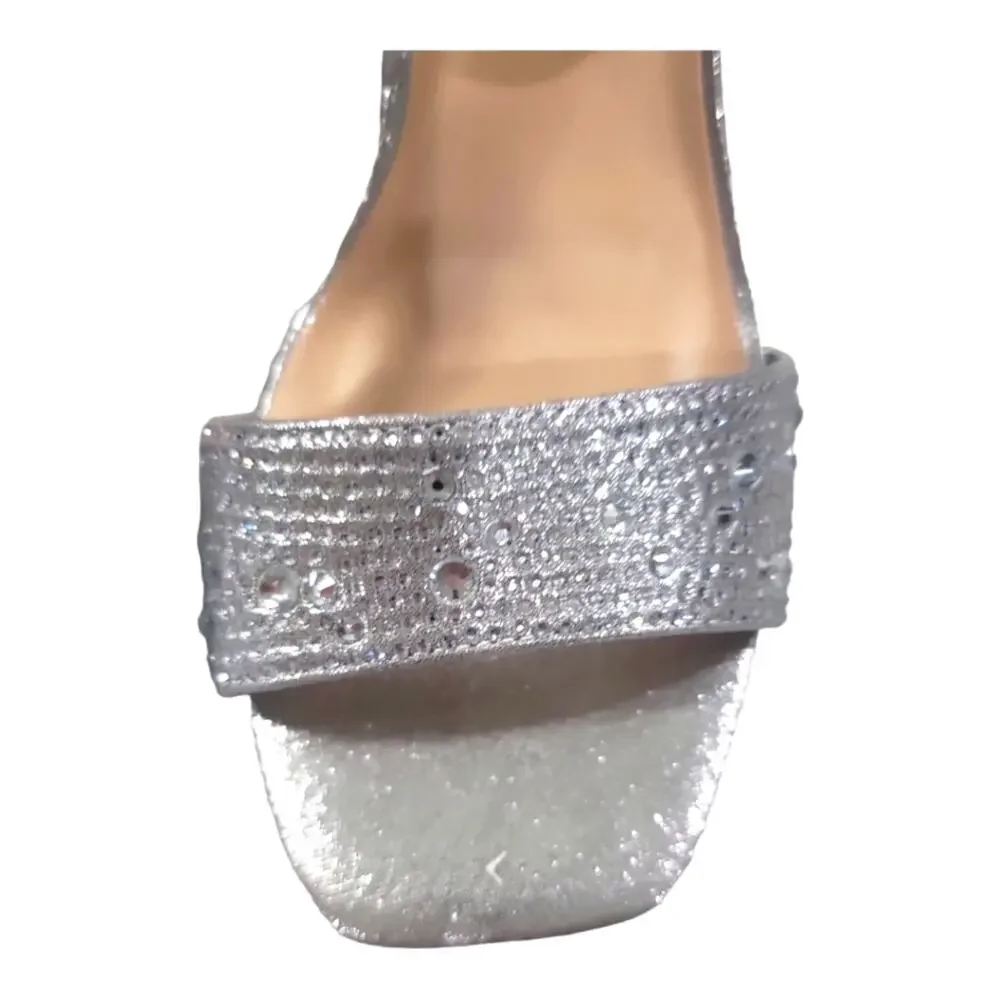 Silver Rhinestone Studded Platform Strappy Heels